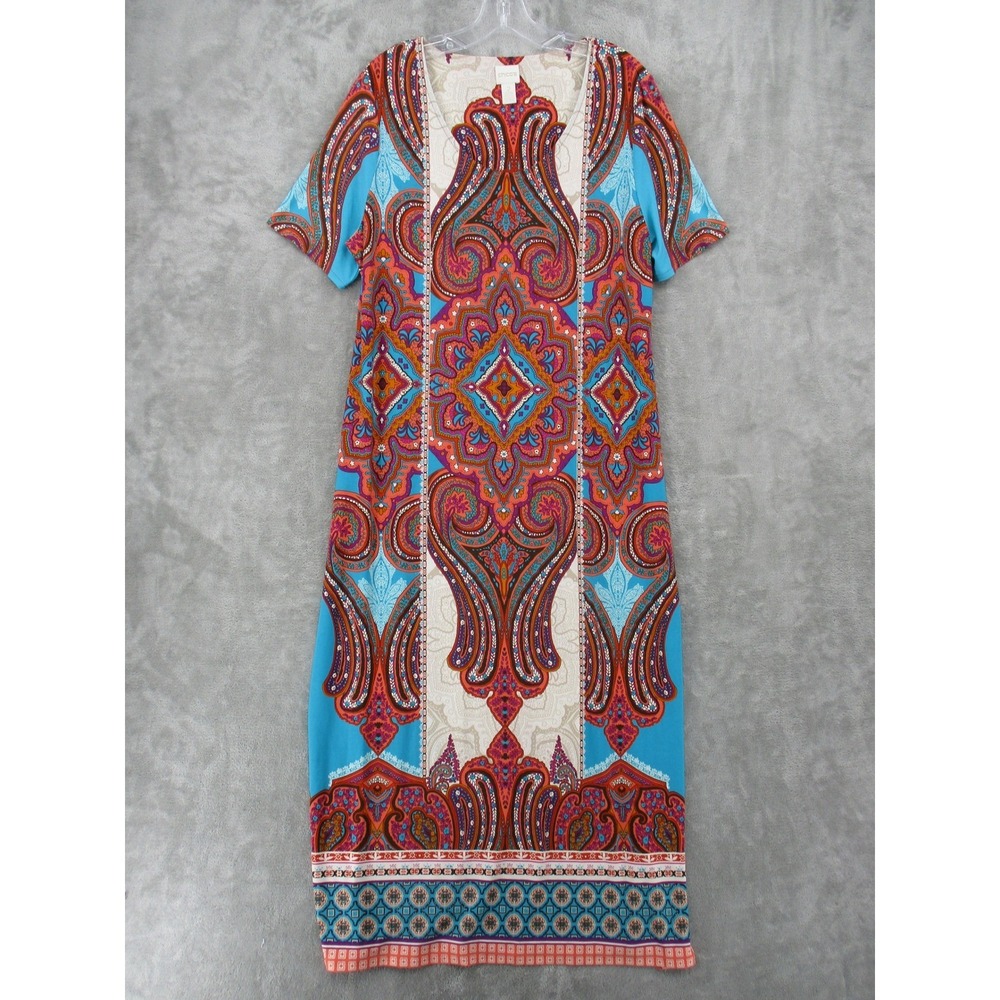 Chicos Dress 2 US Large Paisley Maxi Boho‎ Modest Stretch Knit Pullover Breezy